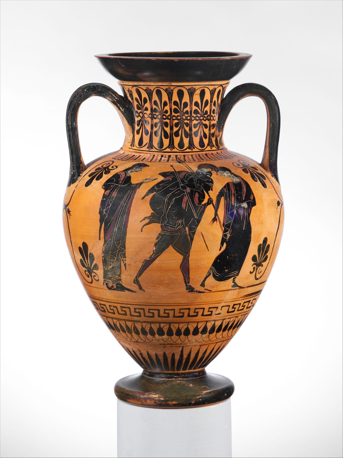 Black figure vase: Aeneas is fleeing Troy carrying his aged father on his back.