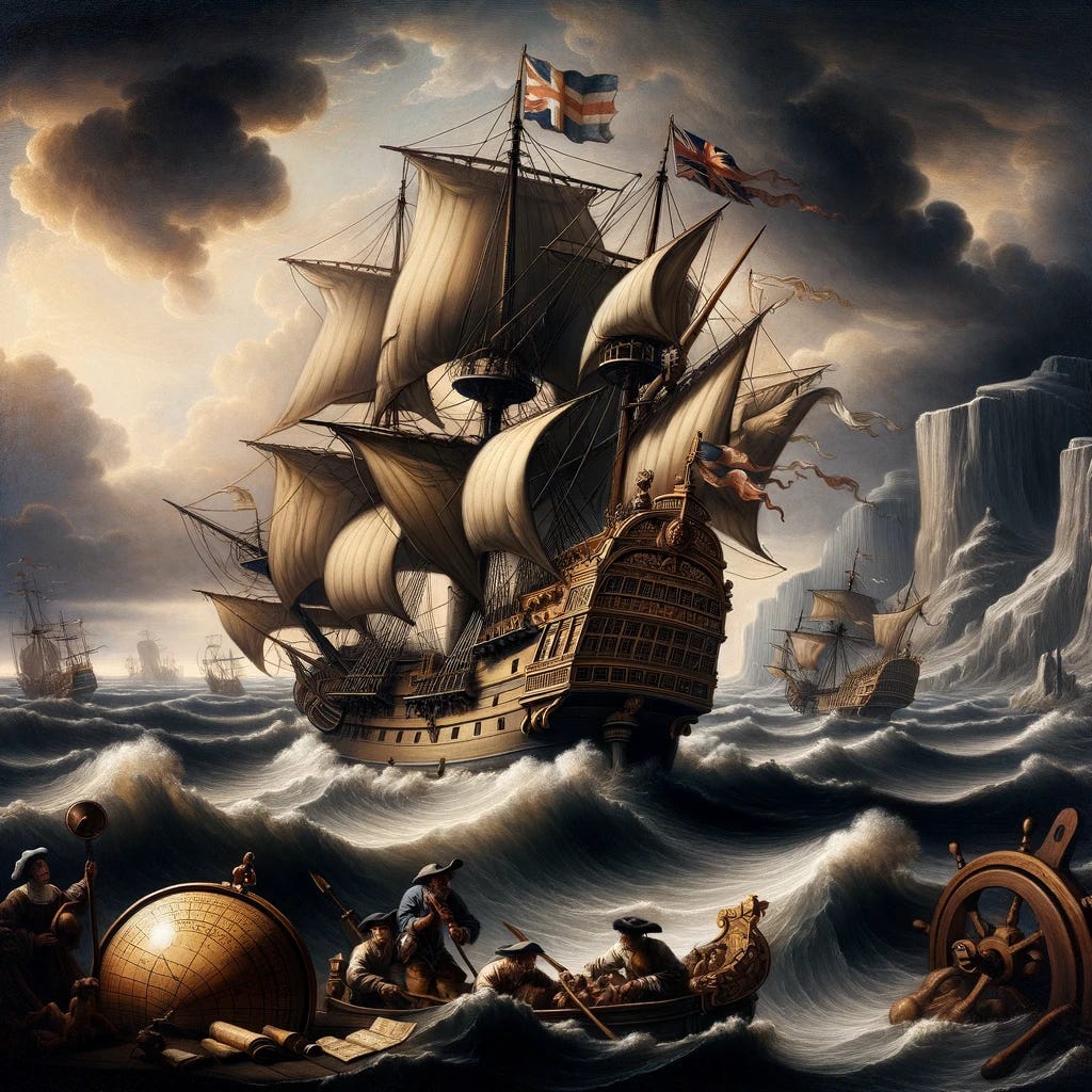 Oil painting in the style of the 16th-17th century depicting a ship sailing into uncharted waters. The seas are rough, with towering waves and stormy skies, symbolizing the challenges faced. Onboard, sailors work diligently, navigating with the help of astrolabes and compasses. In the background, a silhouette of unfamiliar landforms hints at the promise of discovery. The ship, adorned with both British and Dutch flags, represents the combined ambition and drive of both nations in their quest for new horizons.