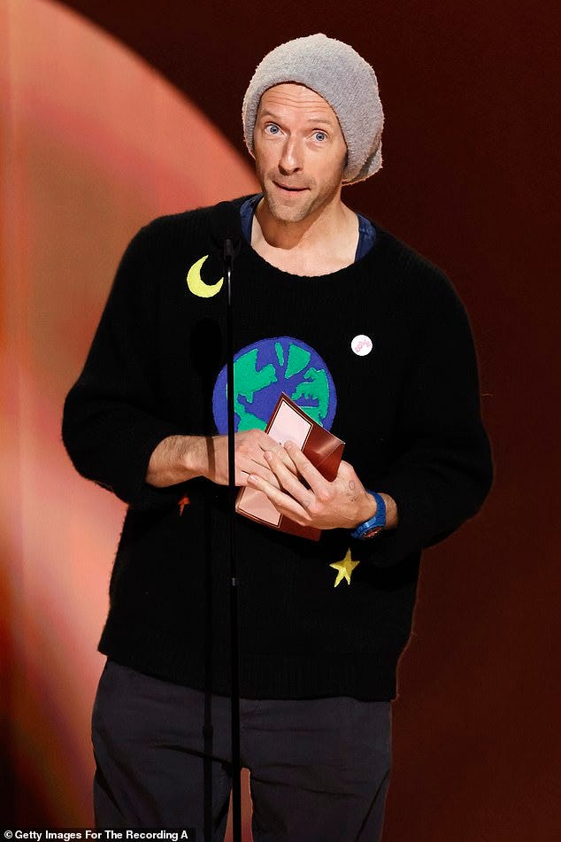 Fans say Chris Martin is dressed like a 'toddler' as he presents Record of  the Year at the Grammys | Daily Mail Online