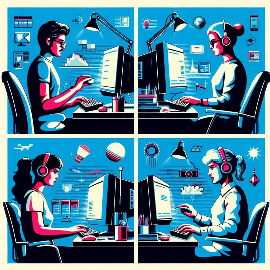 Image split into 4 quadrants. All 4 people from different parts of the world. All sitting in front of a computer working on the same project - retrowave 16 bit style