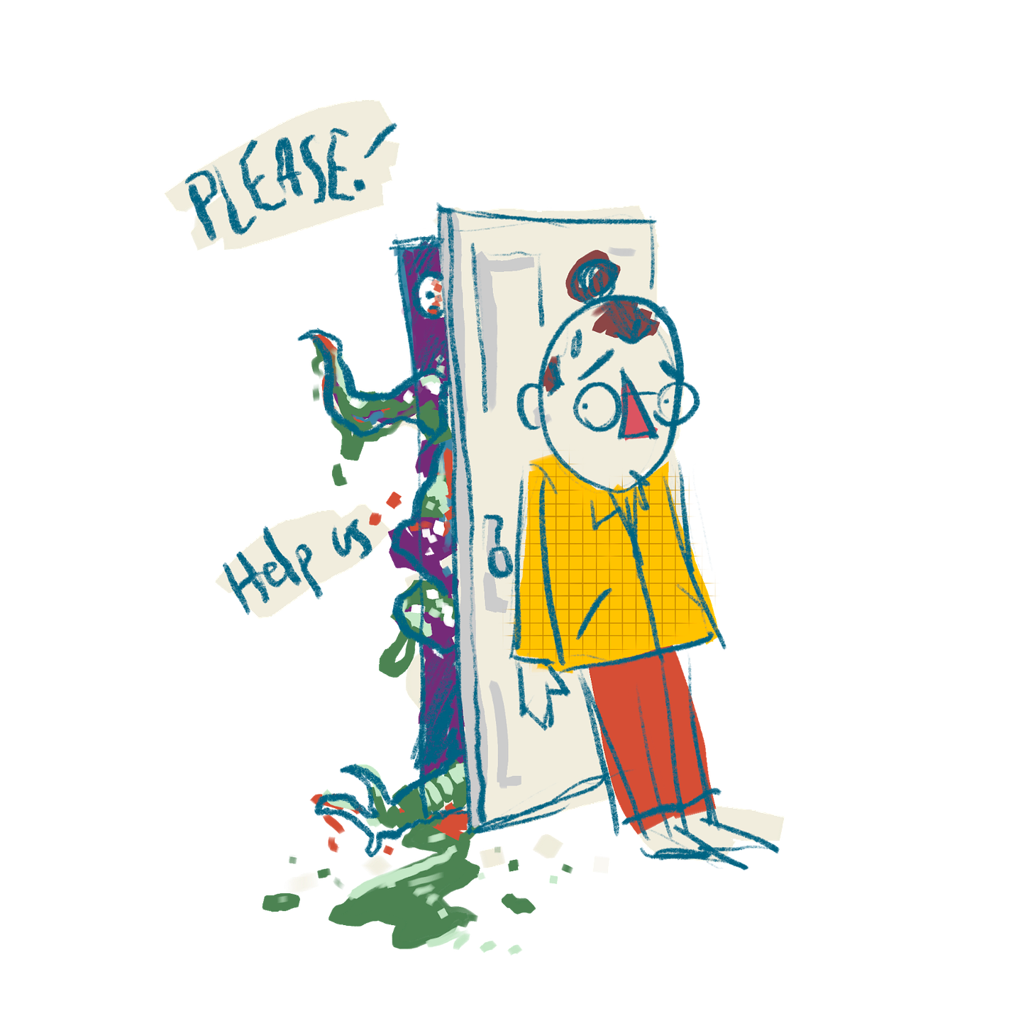 An illustration of me leaning on a door while a bunch of spooky monster parts try to push their way through. They say "please!" and "Help us!" It's a pretty simple metaphor about the unfinished projects hiding in my proverbial closet.