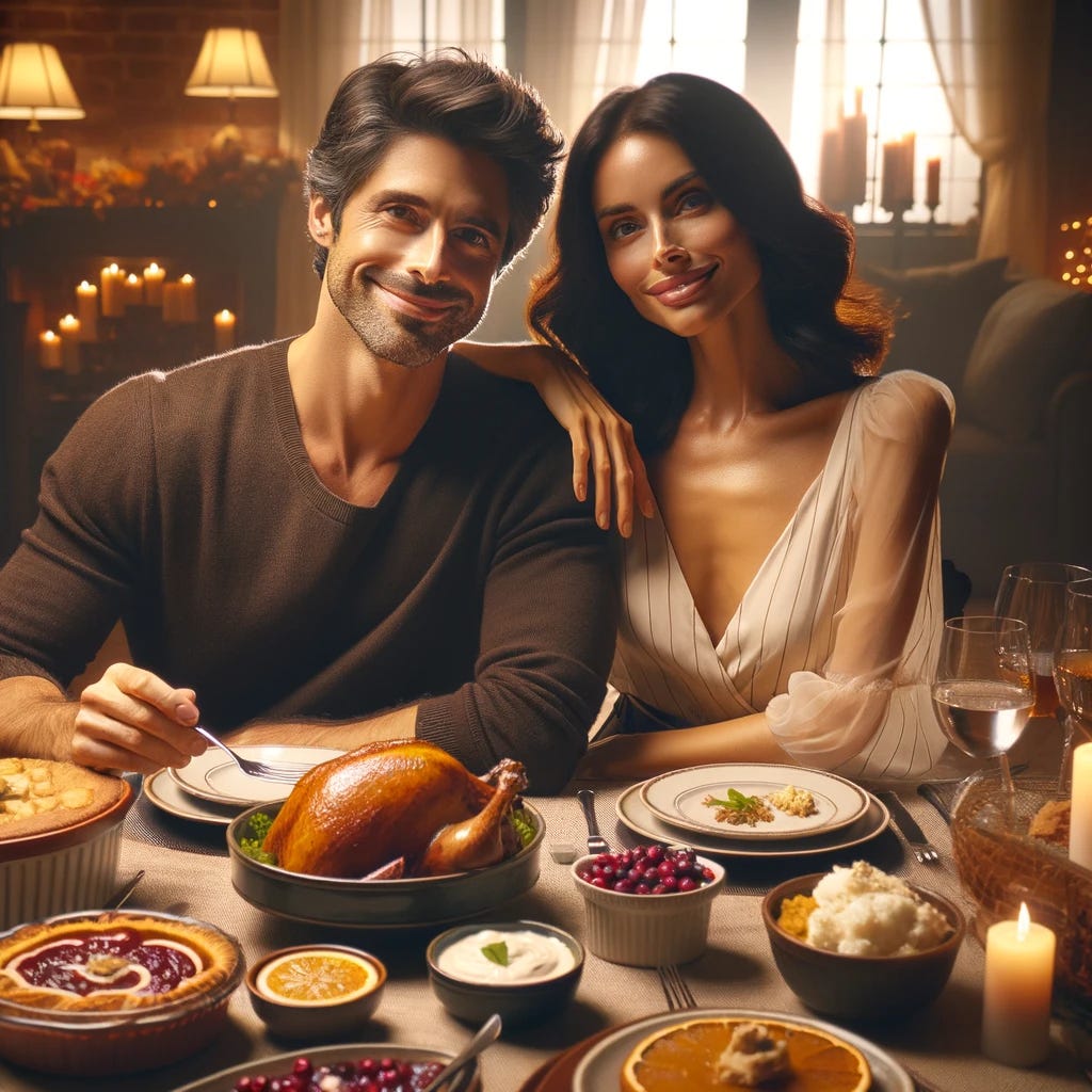 A man resembling Alexander Macris, sitting at a Thanksgiving dinner table with an attractive dark-haired Caucasian woman in her mid-30s. The table is elegantly set with traditional Thanksgiving dishes like turkey, stuffing, cranberry sauce, and pumpkin pie. Both are smiling and enjoying their meal, with warm, ambient lighting creating a cozy and festive atmosphere. The image should have a high-resolution, 4K photography style.