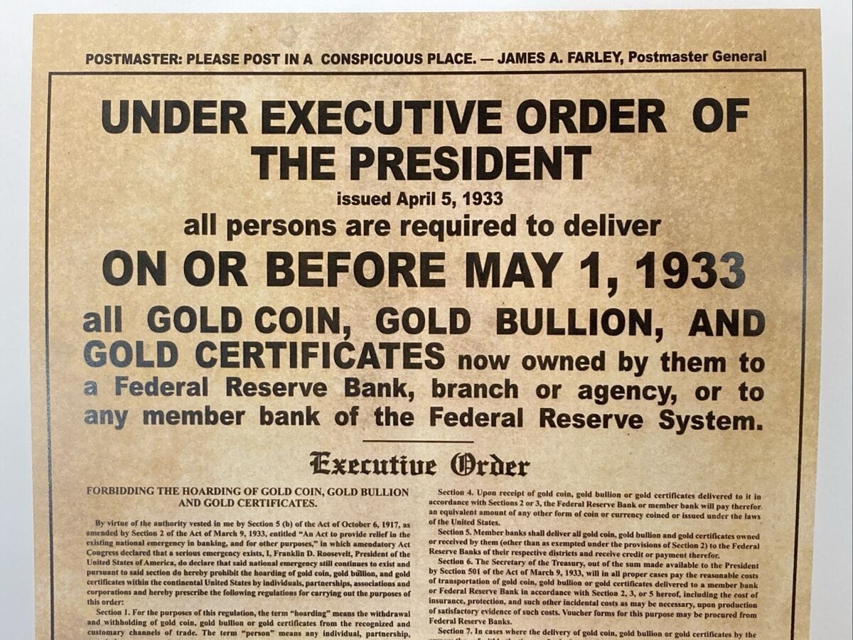 Póster de confiscación de oro 1933 FDR orden ejecutiva 6102 - (reproducción  mejo