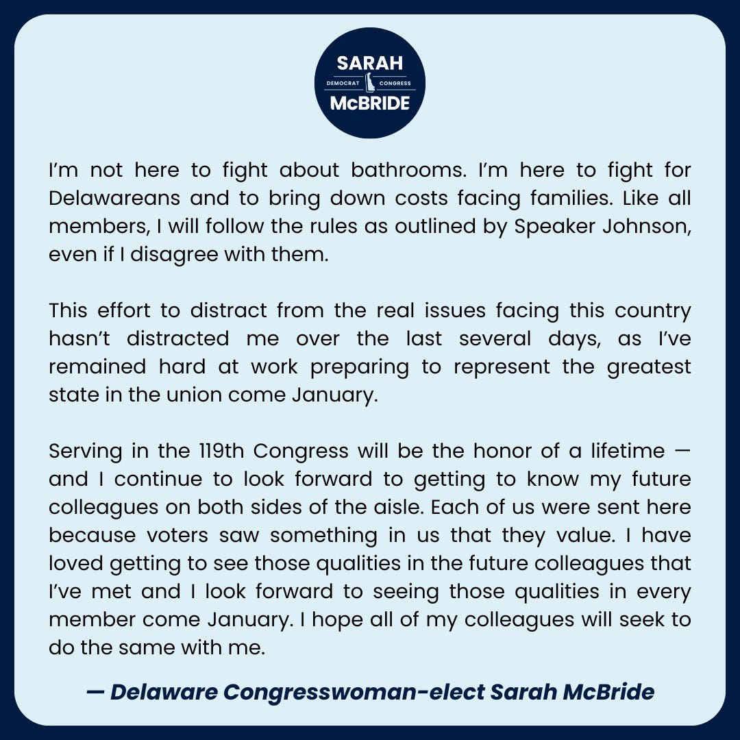 Sarah McBride on X: "I'm not here to fight about bathrooms. I'm here to  fight for Delawareans and to bring down costs facing families.  https://t.co/bCuv7pIZBY" / X