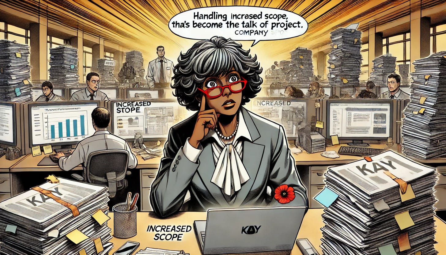 A manga-style illustration depicting a tense office environment focused on a major transformation project that has become the talk of the company. The main character, Kay, a middle-aged Black woman who looks like the character in the uploaded image, with short, curly hair with gray streaks, red glasses, and a professional appearance, is feeling the pressure of increased scope from the project sponsors. She is shown sitting at her desk, surrounded by stacks of documents, sticky notes, and a laptop, with a small, overwhelmed OCM team in the background. The illustration captures the intensity of handling the people side of a massive tech, process, and culture change project. The atmosphere is one of stress and urgency, with dynamic manga-style lines and shading emphasizing the weight of the challenge.