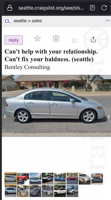 Craigslist posting titled: "Can't help with your relationship. Can't fix your baldness."