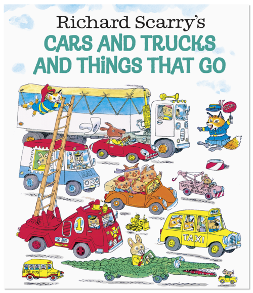 A dozen cartoon vehicles of different shapes and sizes - fire truck, race car, tiny bulldozer, car shaped like an alligator - are driven by many different cartoon animals