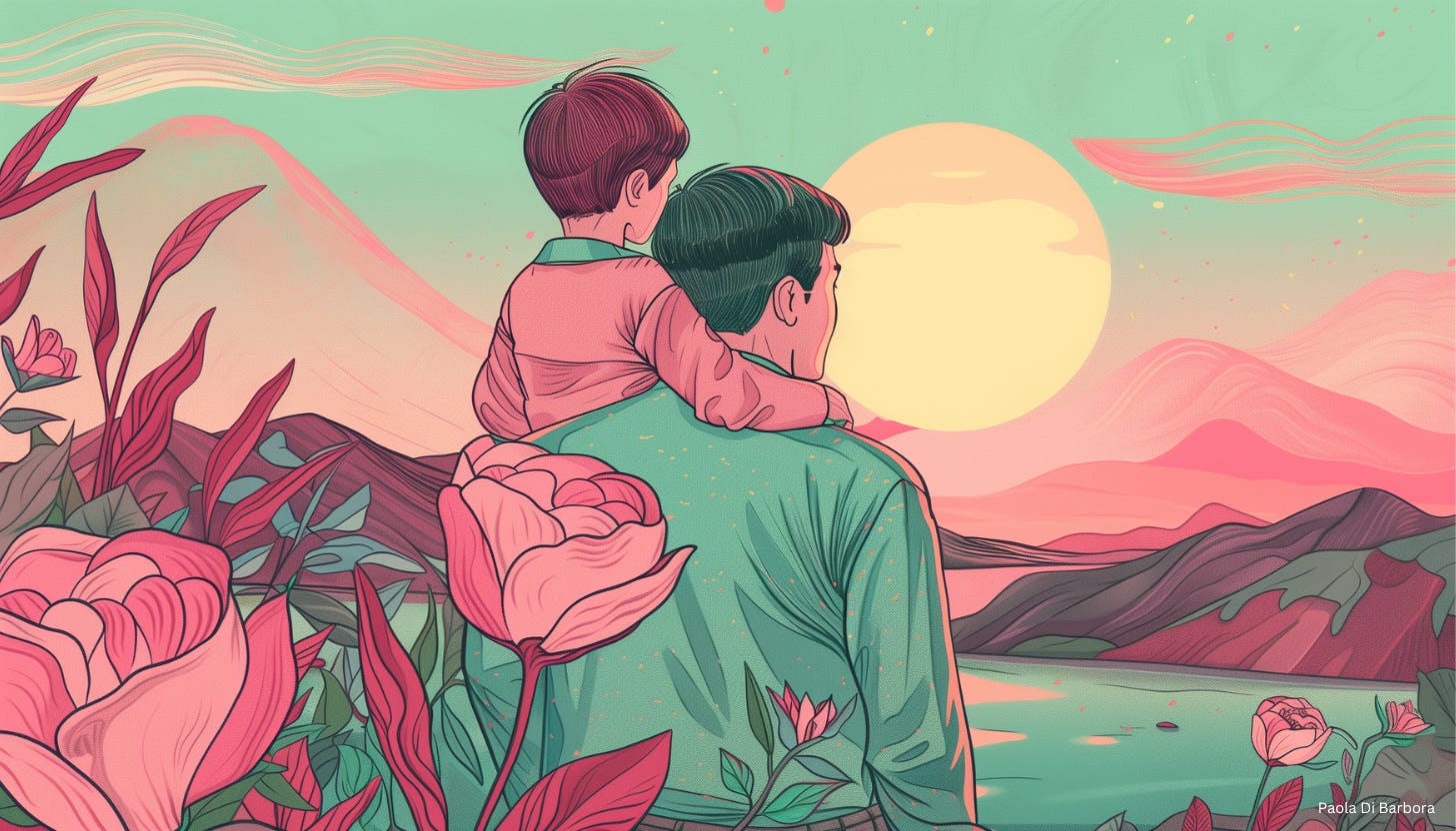 A father with a young son on his shoulders, watching the sun set over a pink hued mountain range.