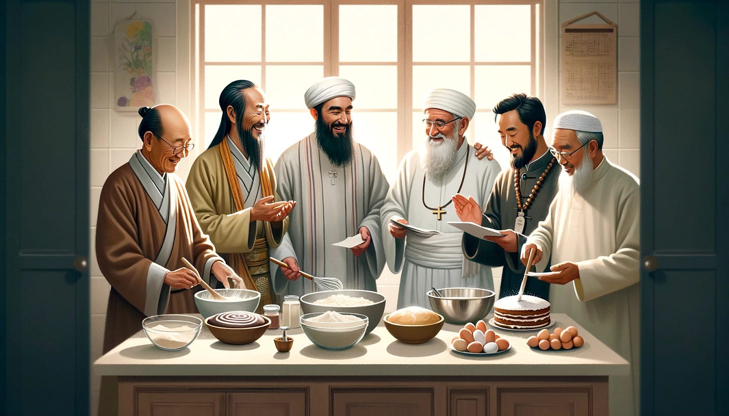 Illustrate a scene where a Taoist priest, an Orthodox Christian priest, an Islamic imam, a Mayan priest, and a Hindu priest are together in a kitchen, each wearing their formal religious attires. They are collaboratively making cakes, engaging in a friendly and cooperative manner. The kitchen setting is neutral, equipped with standard baking tools and ingredients spread out on the counter, such as flour, eggs, and mixing bowls. Each priest is either mixing ingredients, decorating cakes, or consulting recipes, showcasing a spirit of unity and shared purpose. The atmosphere is warm and congenial, with light coming in through a window, illuminating the diverse group as they share their culinary skills.