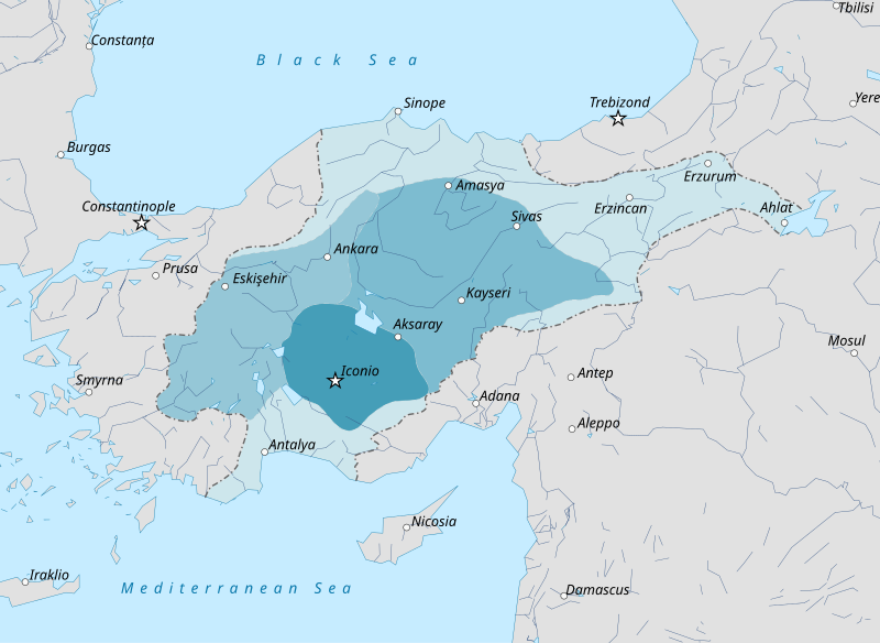 A map of Eastern Anatolia, showing the extent of holdings of the Sultanate of Rum from 1100 to 1243, after which they were conquered by the Mongols. 