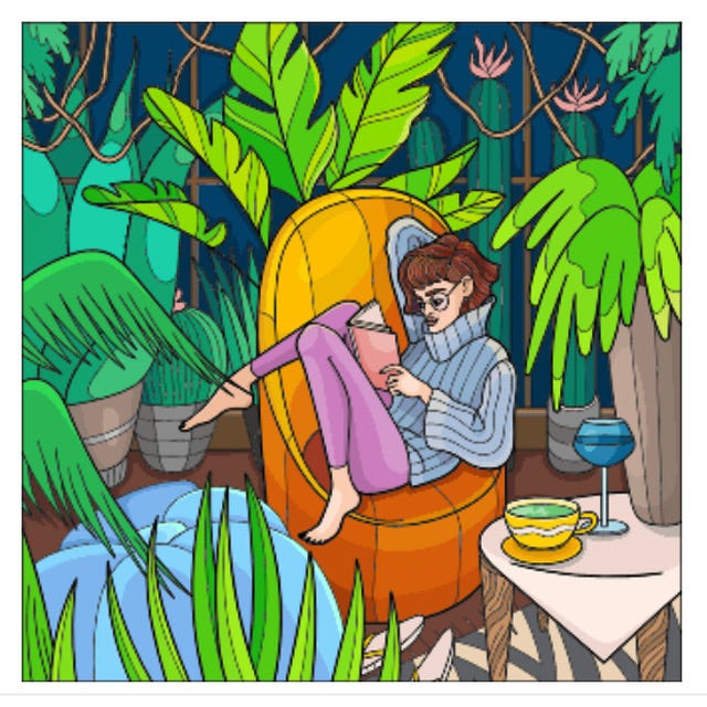 a colouring form Happy Colour app of a human siting in a comfy chair reading surrounded by plants with beverages on a side table
