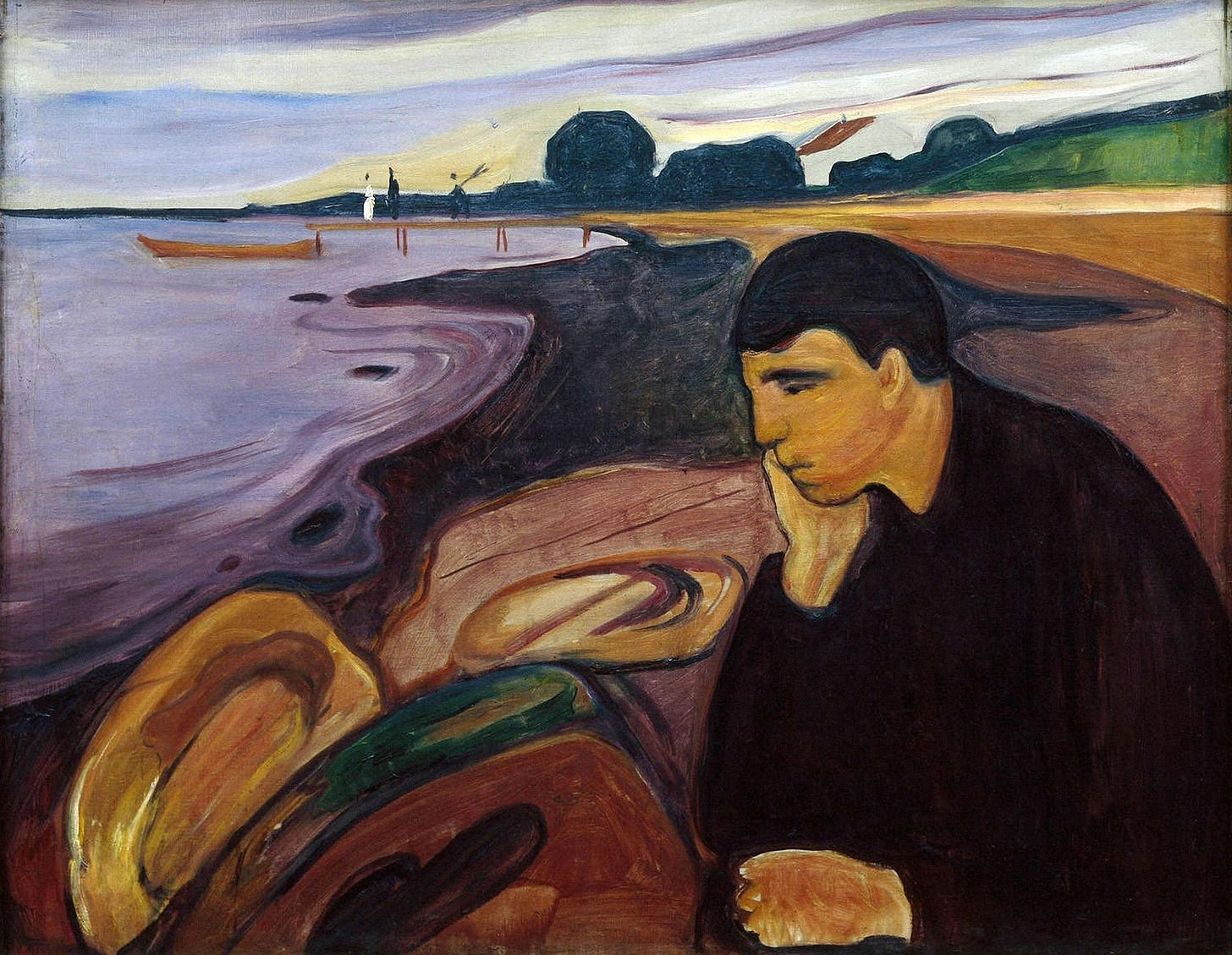 Painting that depicts with muted colors a man in profile, sitting at the edge of a large body of water, holding his chin in his hand as a couple in the distance stand on a pier