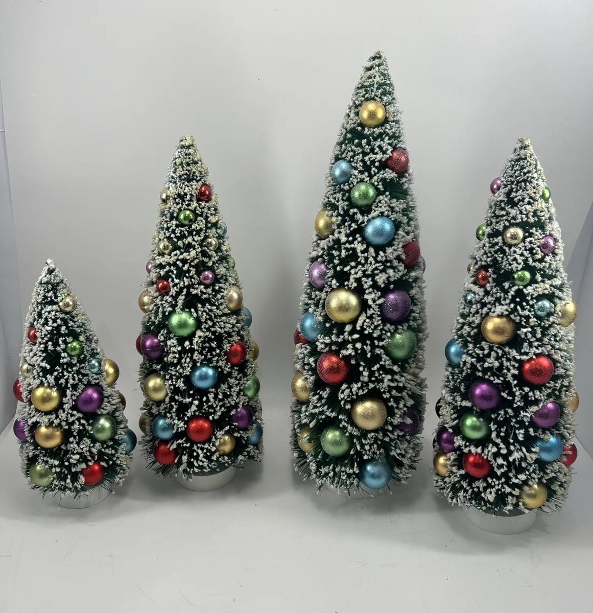 Set Of 4 Vintage Flocked Bottle Brush Christmas Trees With Decorations |  eBay