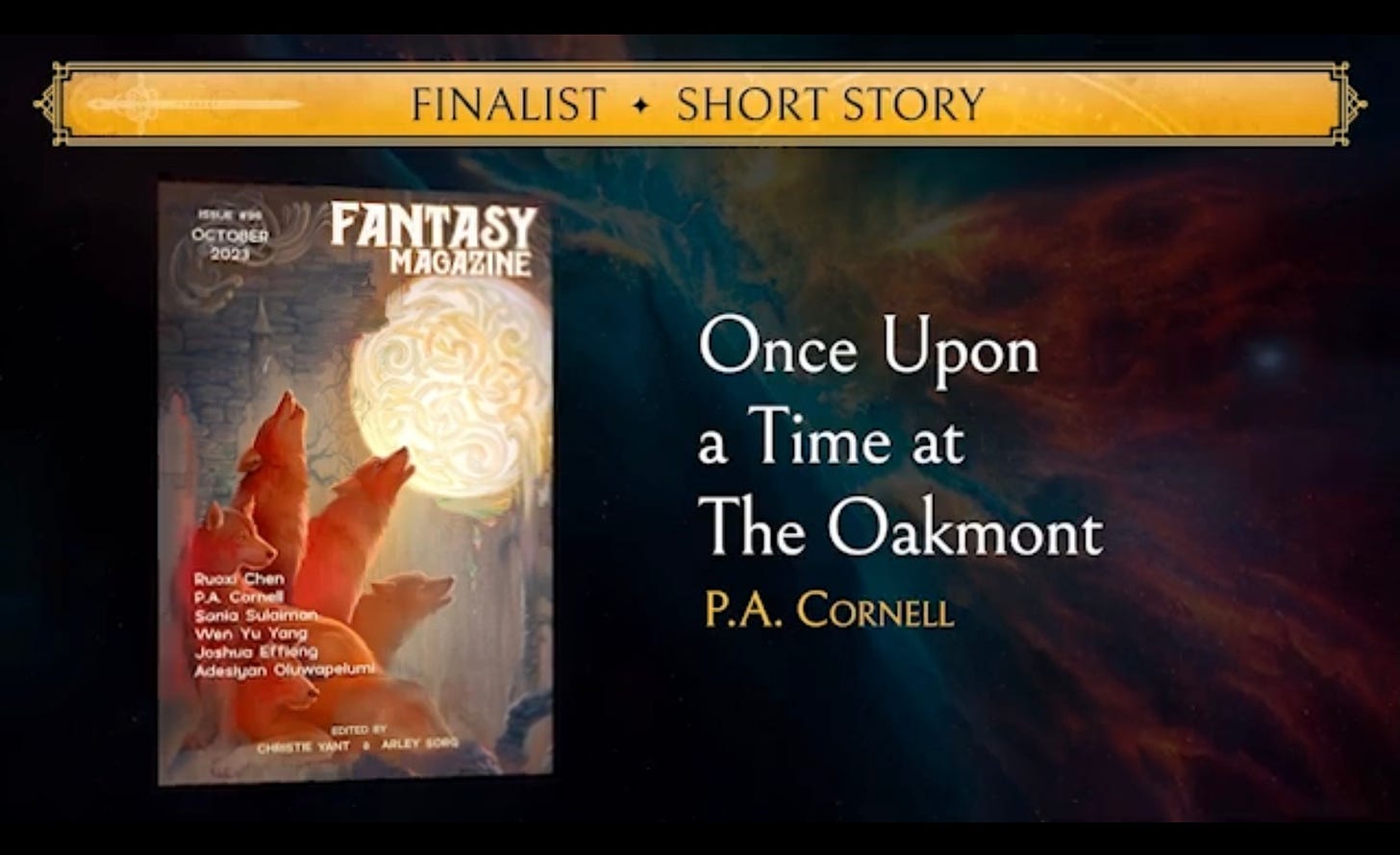 Image of Fantasy Magazine October 2024 Issue. Text says: Finalist - Short Story, Once Upon a Time at The Oakmont, P.A. Cornell
