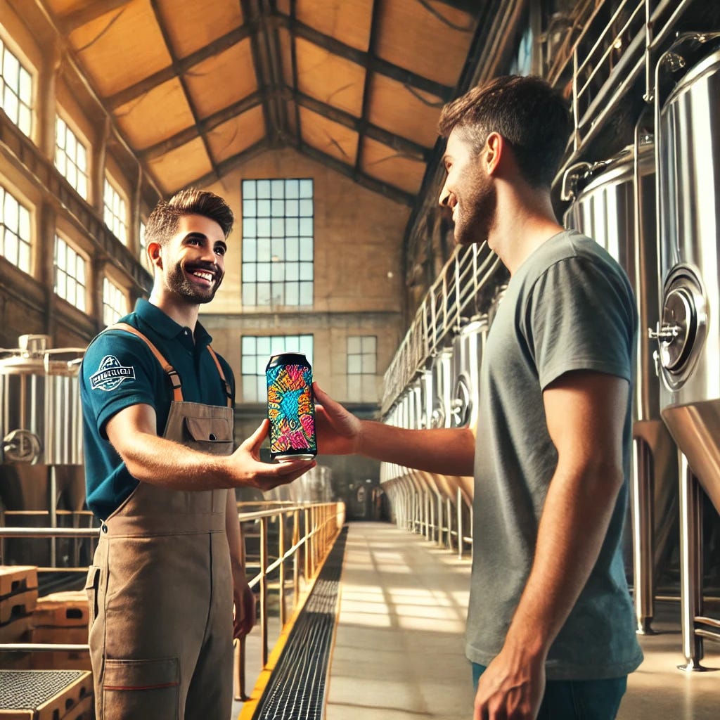 A brewery worker handing a colorful beer can to a man inside a spacious brewery. The worker is wearing a uniform with a logo and smiling warmly as they extend the can, which features a vibrant and artistic label design. The man, casually dressed, is reaching out to accept the beer can with interest. The background shows large stainless steel brewing tanks, industrial pipes, and warm natural light streaming in through high windows, creating a welcoming atmosphere.