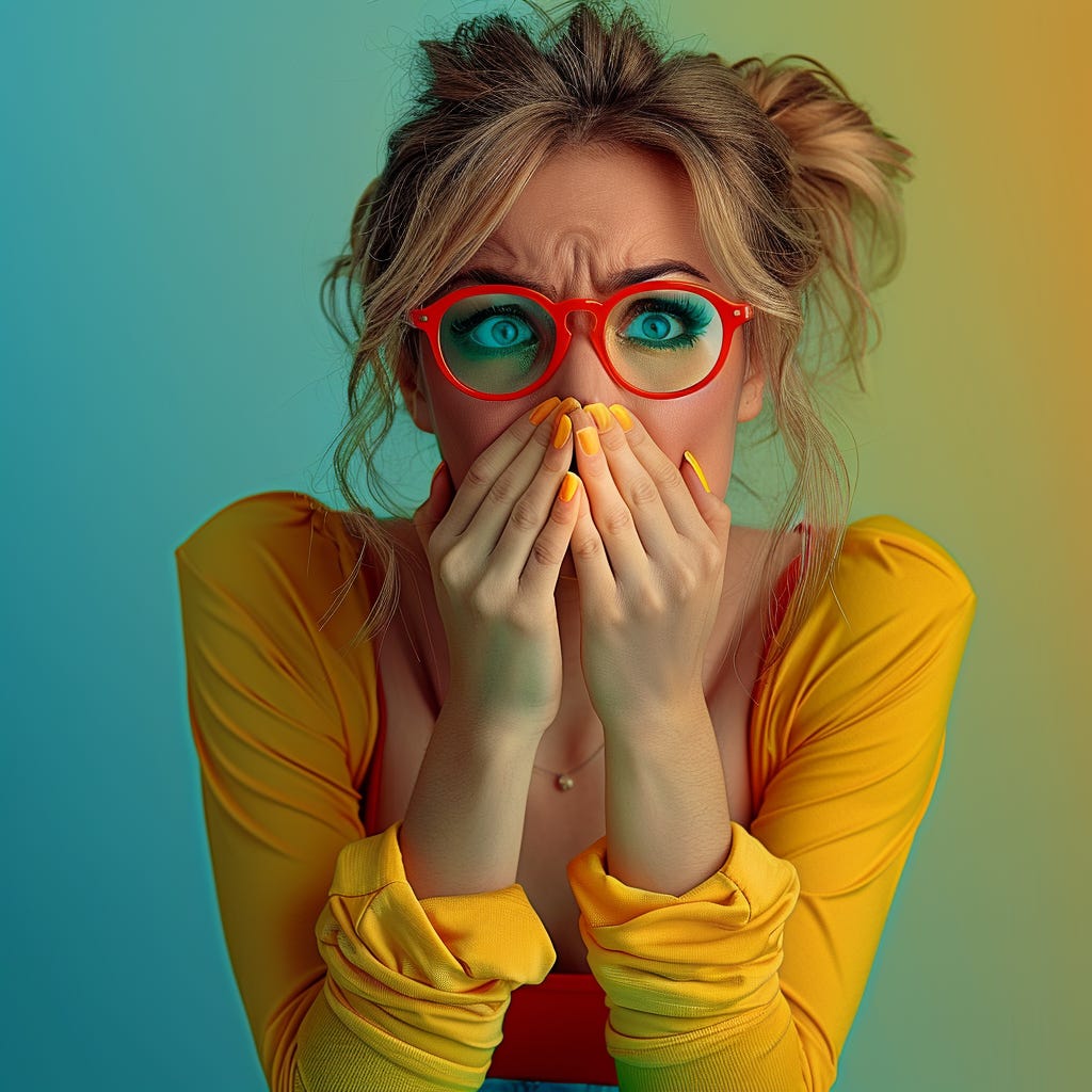 woman being angry, frowning, looking at the camera, with one hand covering her mouth, wearing eye glasses and accessories