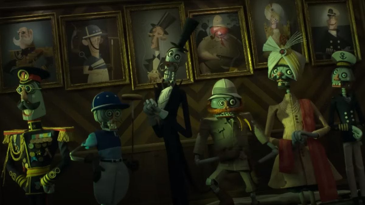 A still image from Wendell & Wild, showing six skeletons reanimated, standing in a line in a quirky fashion.
