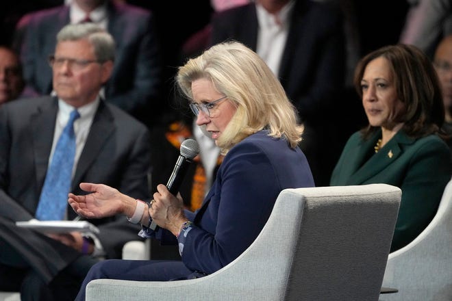 U.S. Rep. Liz Cheney addressed an audience member at the Sharon Lynne Wilson Center for the Arts in Brookfield, Wis., on Monday, Oct. 21, 2024. The campaign event was part of a series of "moderated conversations" in suburban counties in critical swing states.