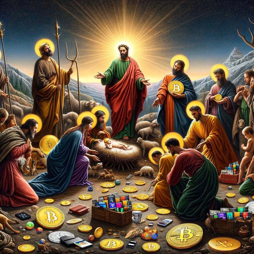 A reinterpretation of "The Adoration of the Shepherds" by El Greco, with a modern twist focusing on cryptocurrencies. The scene depicts the traditional nativity setting, but instead of gifts of gold, frankincense, and myrrh, the shepherds and wise men are offering various cryptocurrencies. The coins and digital wallets are artistically integrated into the scene, blending El Greco's distinctive mannerist style with elements of the digital age. The color palette reflects El Greco's use of vivid, elongated figures and dynamic compositions, harmoniously merging the old with the new.