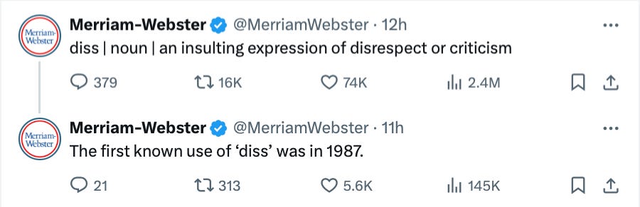 Screenshot of a post from Merriam-Webster about the definition of a diss