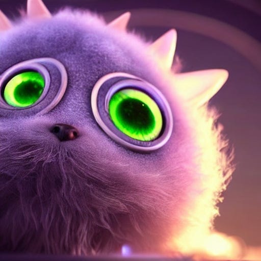 purple cat with wide green eyes