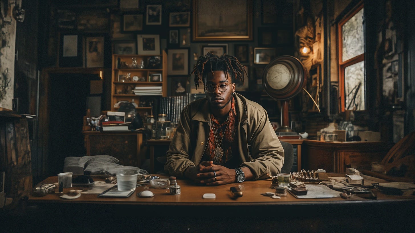 A young african american man sits at a desk in a room full of antiques and frames on the wall. He has a story to tell and an identity to express 
