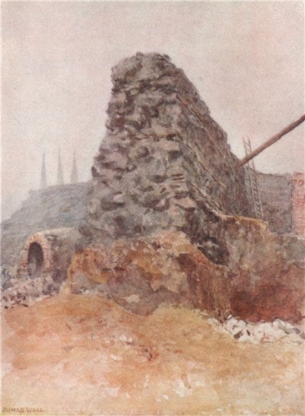 Watercolor of stone wall in London. St. Paul's spires are in the background.