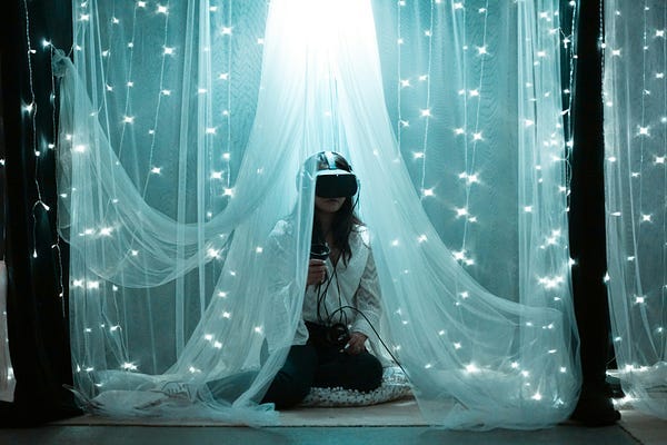 ai headset with virtual reality game played by woman. ai headset with virtual reality game played by woman.