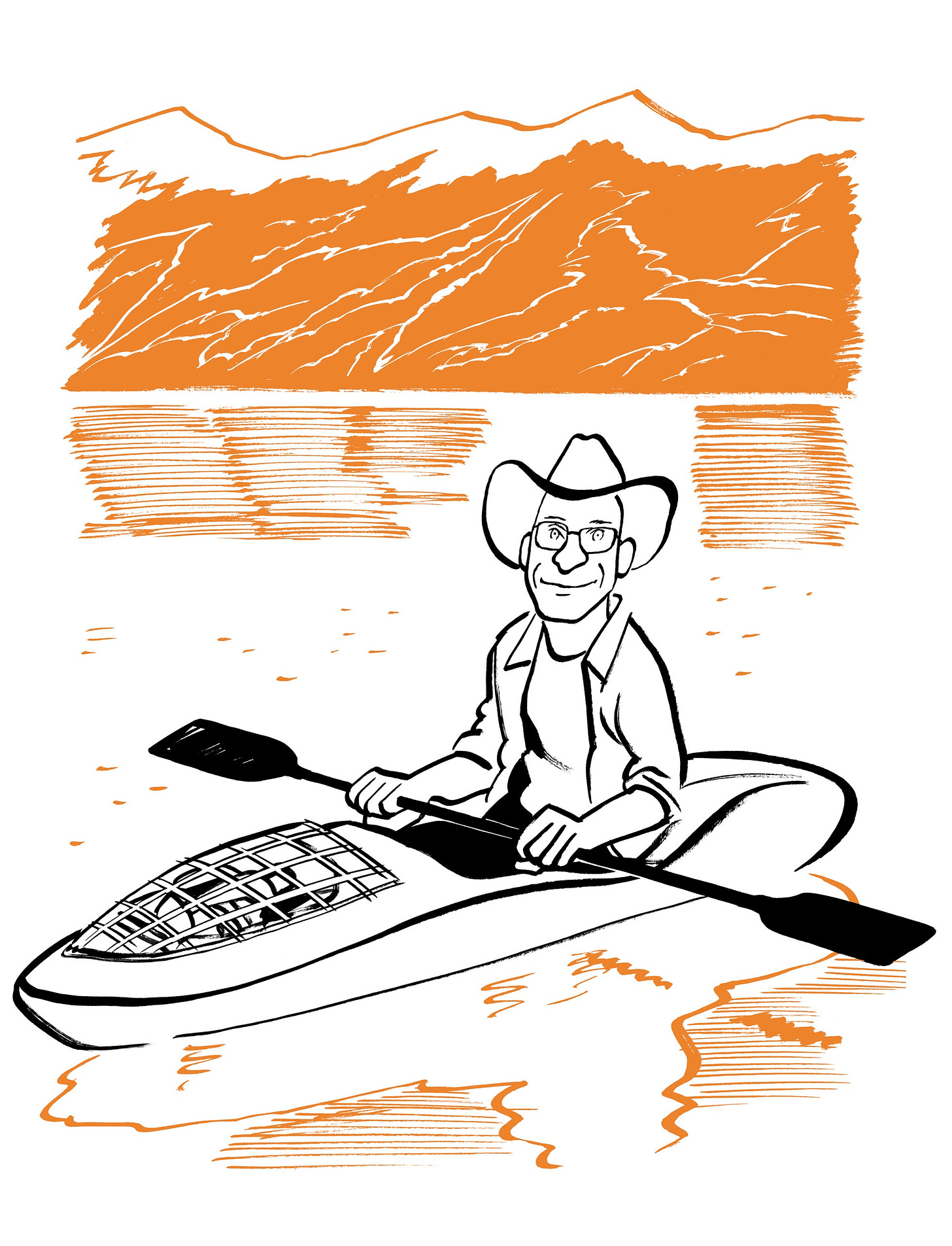A person kayaks in front of a mountain range while wearing a cowboy hat.