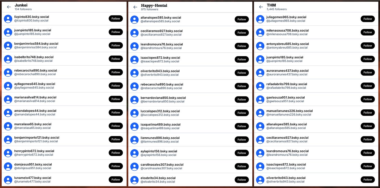 screenshots of the follower lists for three Bluesky accounts, showing large numbers of accounts with default profile images and handles ending in 2 or 3 digit numbers