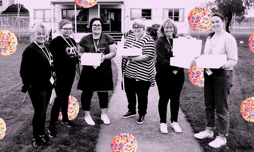 The GBB Prison Bake volunteers Deb, Ali, Melissa, Jo, Deidre and Sarah. (Photo: Supplied / Design: Archi Banal) 
