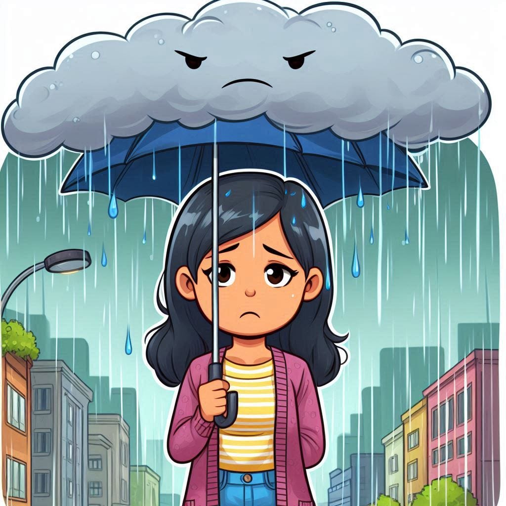 a cartoon of someone standing under a rain cloud, looking miserable