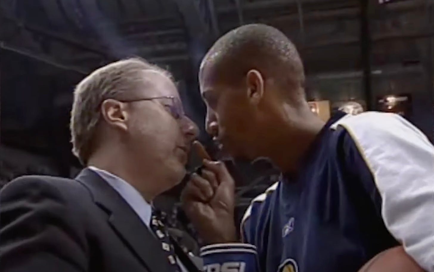 Hall of Fame Reggie Miller yells at David Benner, part of his pre-game routine.