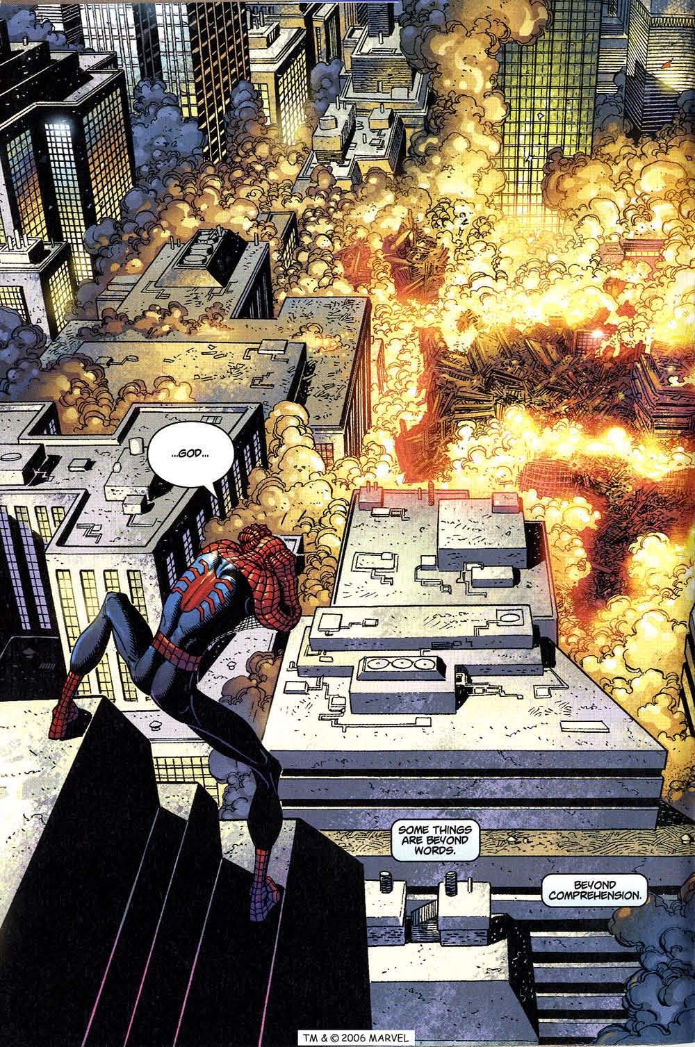 Comic book page showing Spider-Man above the collapsing World Trade Center. Text: '...God ... some things are beyond words ... beyond comprehension'