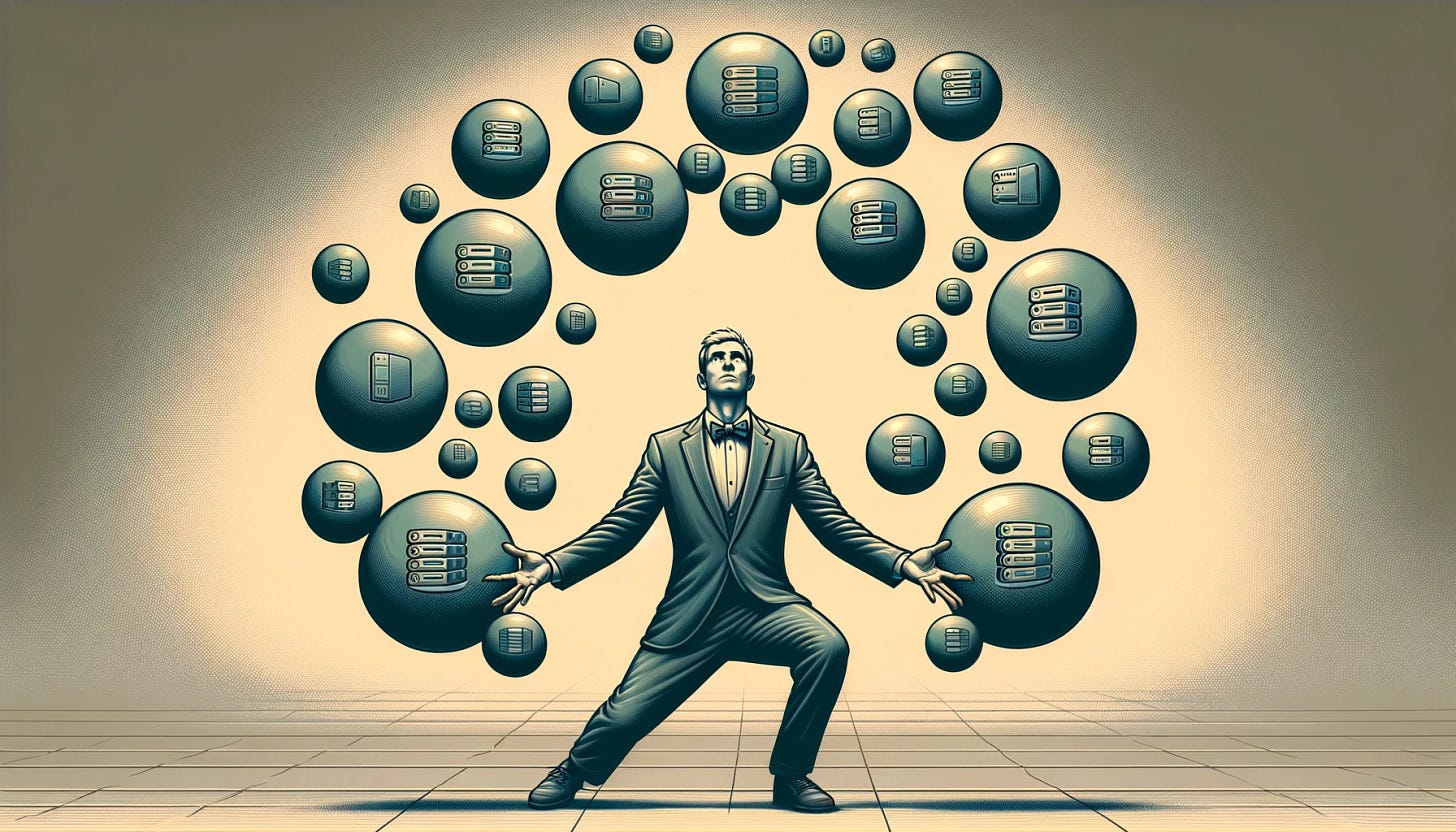 A wide aspect ratio image showcasing a person expertly juggling a multitude of balls across a broader frame. Each ball is adorned with a distinct server icon, representing a variety of tasks or services being meticulously balanced. The juggler, positioned centrally, displays a blend of concentration and satisfaction, embodying the finesse of managing a complex server environment or network tasks. The backdrop is deliberately simplified to maintain emphasis on the act of juggling and the labeled balls. Emblazoned below this scene is the caption, "When you balance the load just right.", encapsulating the essence of adept load balancing in the context of IT and server administration.