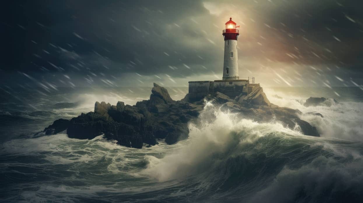 An enchanting portrayal of a lonely lighthouse standing tall against the crashing waves of a turbulent sea, under a moody, stormy sky