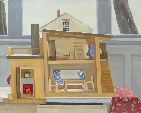 A painting of a dollhouse in front of a window showing the rooftop to a farmhouse above the dollhouse.