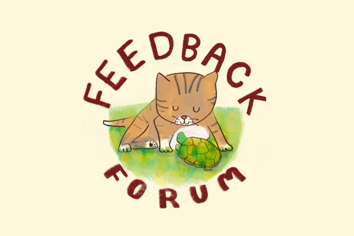 Feedback Forum logo illustration of kitten and turtle by Beth Spencer