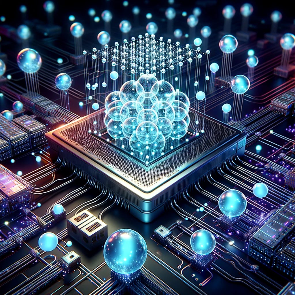 A futuristic scene representing quantum computing. An advanced computer with glowing, interconnected circuits, and qubits represented as glowing spheres in various states of 0 and 1, floating around the computer. The background is dark with neon blue and purple hues illuminating the circuits, giving a sense of cutting-edge technology and complexity. The scene should evoke a sense of advanced computational power and the potential of quantum mechanics.