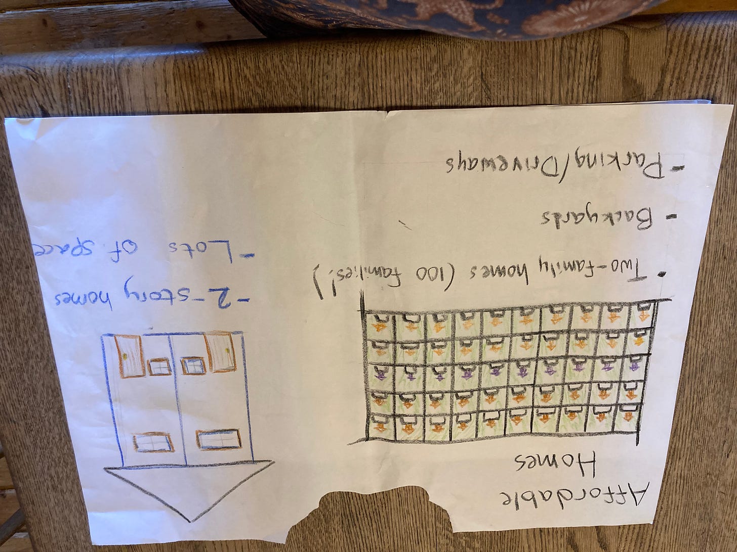 A sketch (upside down) of fifty duplexes in rows, with driveways and lawns.