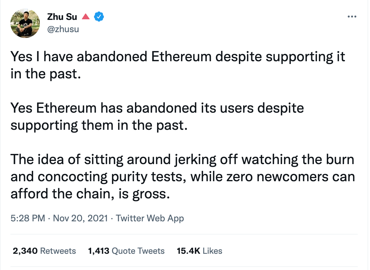 @zhusu tweet about abandoning Ethereum