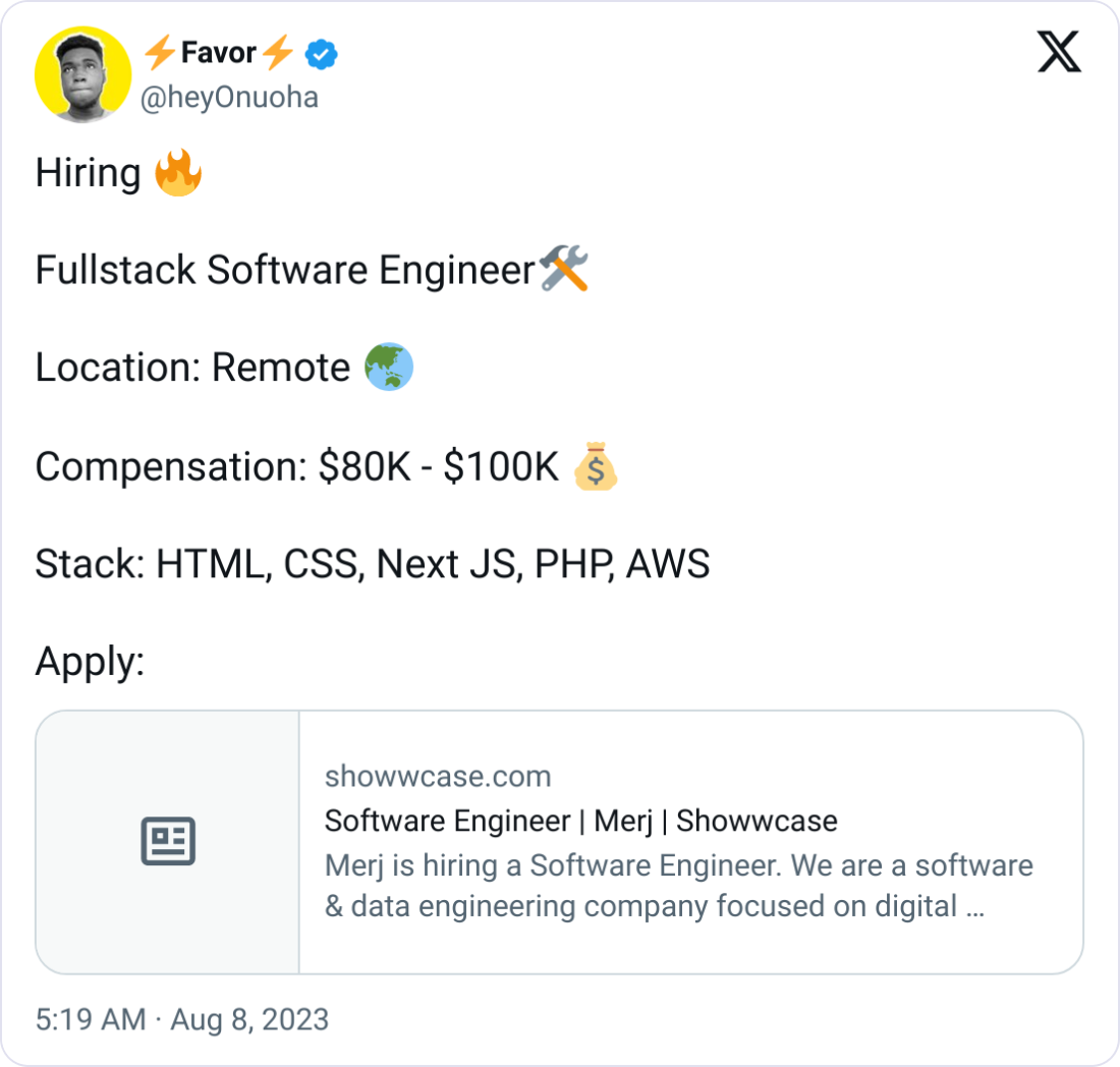  ⚡Favor⚡ @heyOnuoha Hiring 🔥  Fullstack Software Engineer🛠️  Location: Remote 🌏  Compensation: $80K - $100K 💰  Stack: HTML, CSS, Next JS, PHP, AWS