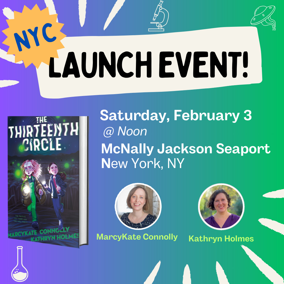 A graphic with information about the McNally Jackson Seaport launch of The Thirteenth Circle