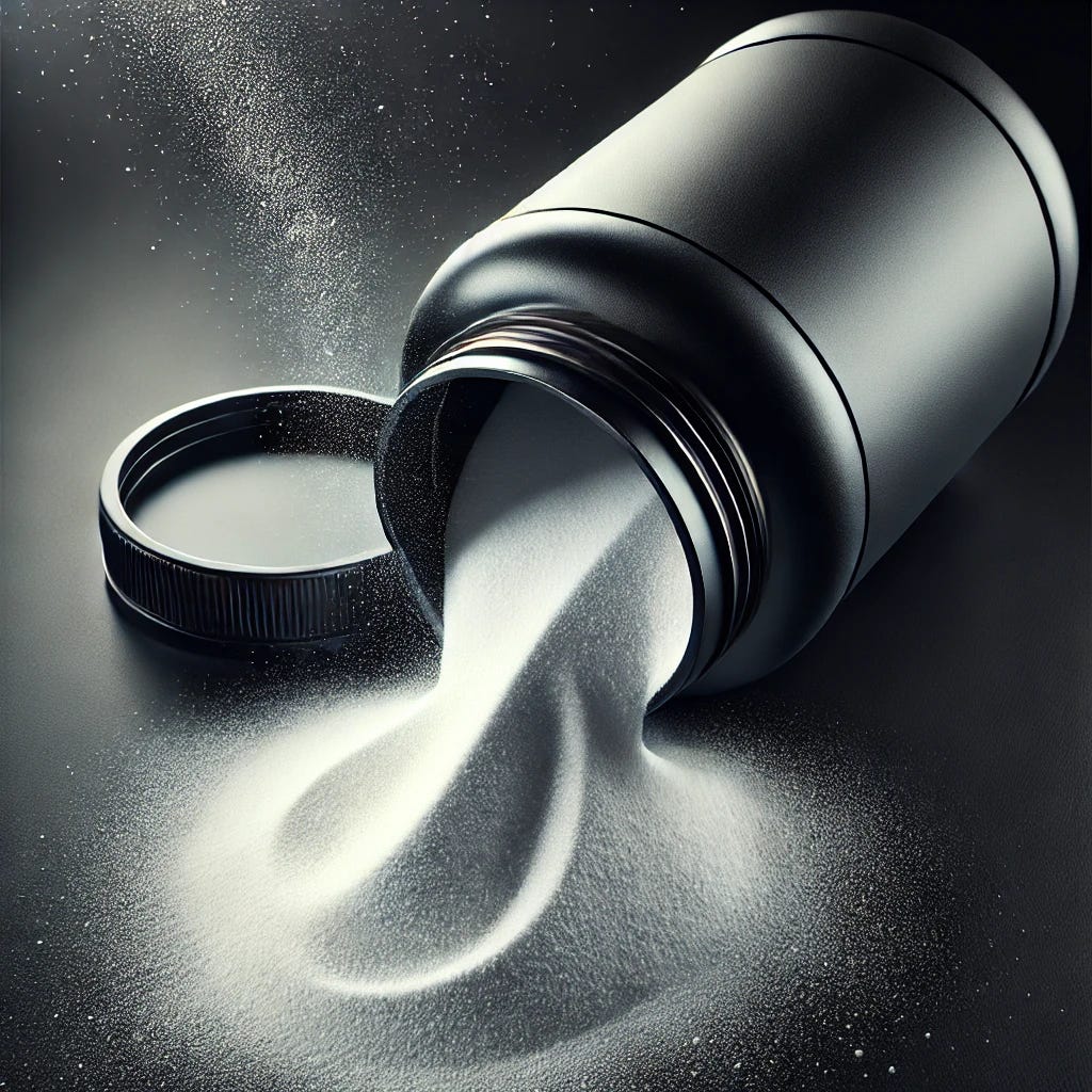 A stylized, new-age image of a black container lying on its side, pouring out a fine white powder, representing creatine. The powder should form soft, flowing shapes as it spills out, creating a visually appealing contrast against the dark surface. The scene should have a modern, minimalistic feel with soft lighting that highlights the texture of the powder and the sleek design of the container. The overall composition should be elegant and striking, capturing the purity and essence of creatine supplementation.