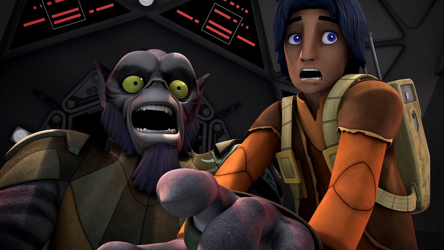 The two struggle over the controls of the ship, awkwardly flying it sideways through the town marketplace. They accidentally fire on a fruit stand, splattering juice on the TIE's windshield and completely obscuring the view from the cockpit. Through the Force, however, Ezra senses that they're about to collide with a stone heap. At the last minute, he maneuvers them to a clear path.