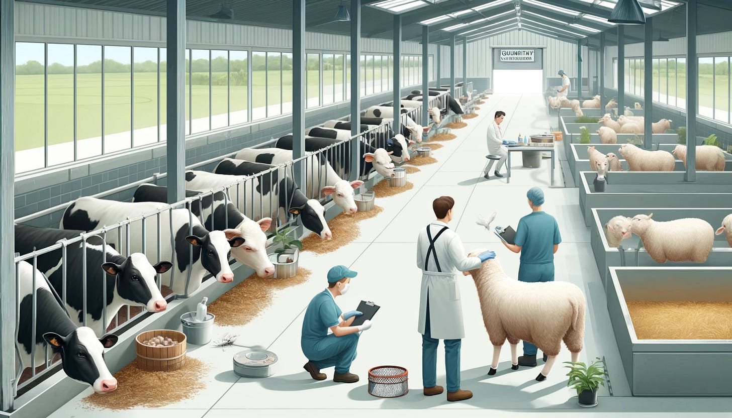 A clean and well-maintained livestock farm with cows and sheep. The environment is tidy with no waste or uneaten food around. A farm worker is using a fly trap near the barn. Another worker is examining a cow's leg, ensuring there are no wounds or infections. The veterinarian is conducting a routine check-up on a sheep. Signs of quarantine procedures are in place for new animals, with a separate fenced area. The overall scene is peaceful and organized, with healthy, content animals.