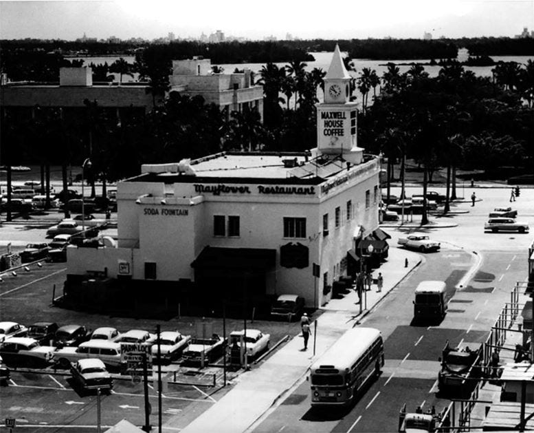 Mayflower Restaurant on SE First Street looking east in 1959. Courtesy of HistoryMiami Museum.