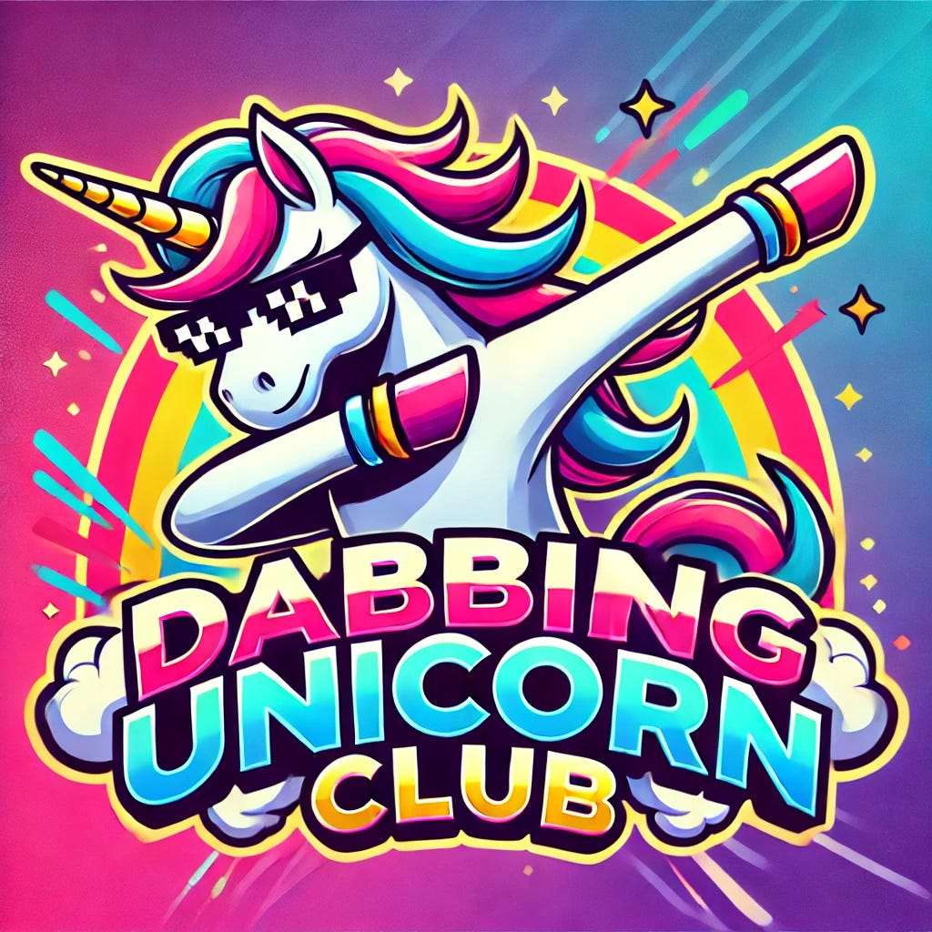 A vibrant, playful logo for the 'Dabbing Unicorn Club.' The logo features a unicorn with a rainbow-colored mane, in mid-dab pose, wearing cool sunglasses. The unicorn is outlined in a sleek, modern style, with bold, energetic lines. Surrounding the unicorn, the club name 'Dabbing Unicorn Club' is written in a fun, whimsical font. The background should be colorful, with splashes of neon colors like pink, blue, and purple, giving it a dynamic, youthful energy. The overall look should be fun and trendy, appealing to a young, playful audience.