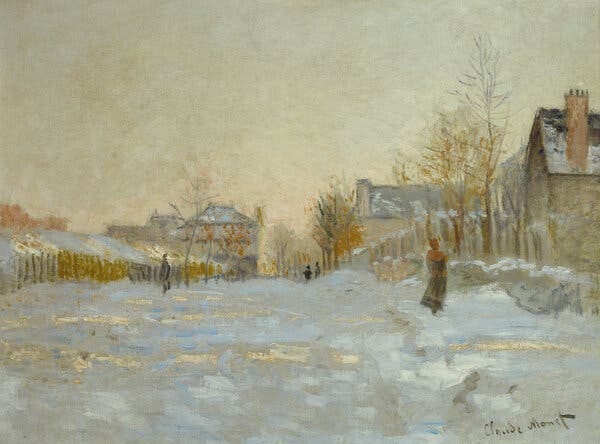 A picture of a painting by Claude Monet, “Snow in Argenteuil,” showing a few people walking on a snow-covered street under a grayish sky.