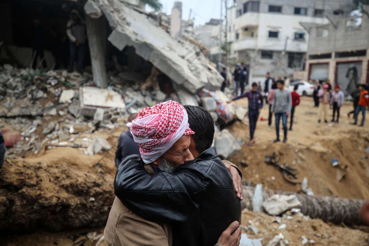 People are assess the damage caused by Israeli bombardment in Deir al-Balah, central Gaza Strip, on February 9, 2024.